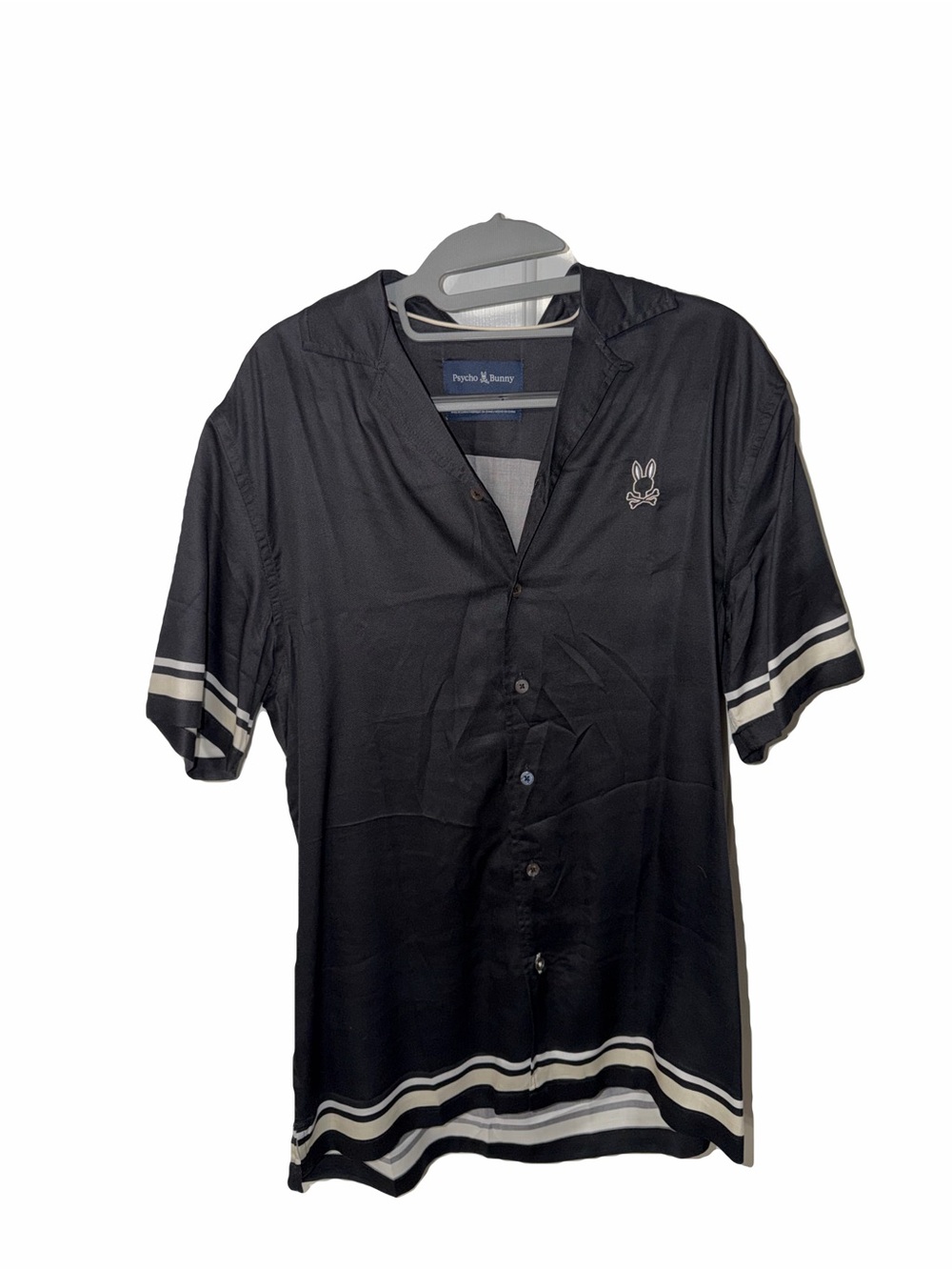 Psycho Bunny Black Short-Sleeve Button-Down with White Stripe Accents